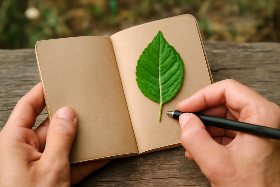 A close-up of a single leaf pinned in a small notebook