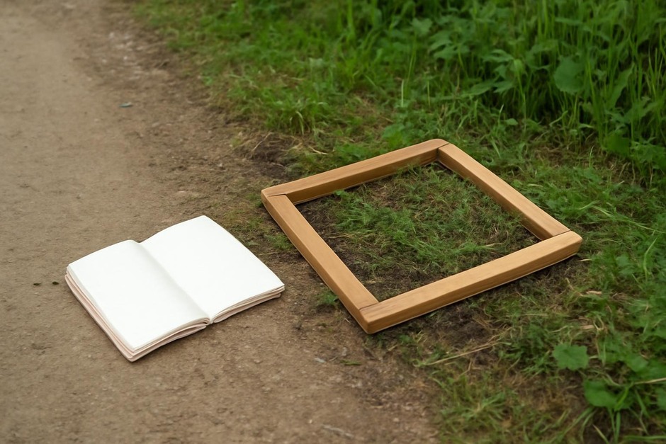 Small wooden quadrat placed on a patch of path edge with a notebook nearby